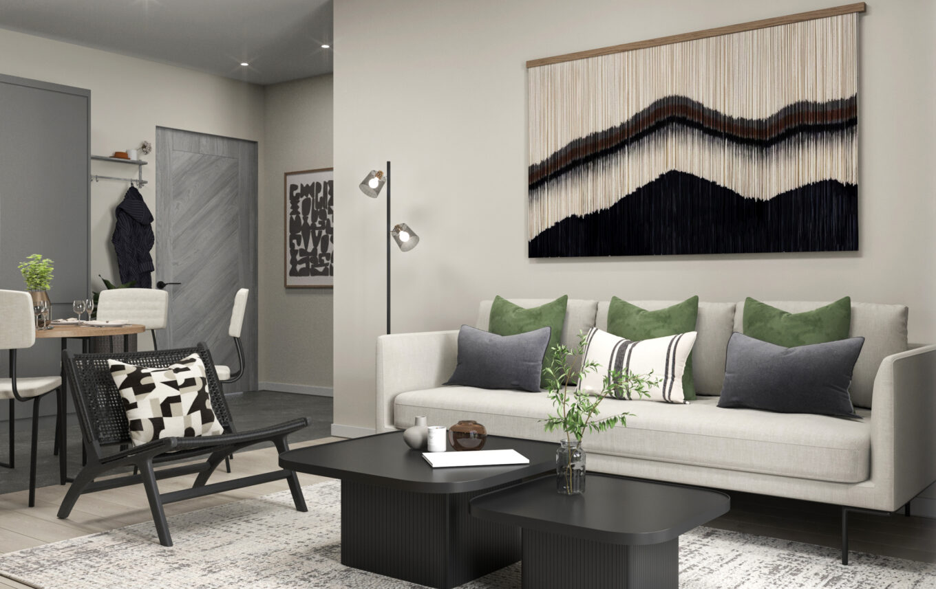 Elegant living room featuring neutral sectional sofa, coffee table, and modern interior design with natural lighting