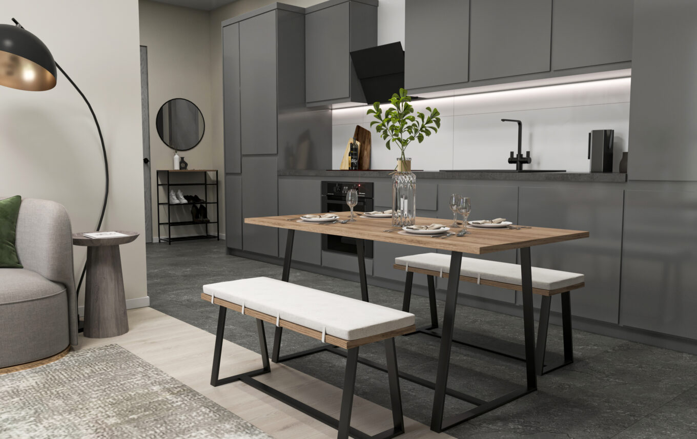 Modern luxury kitchen with dark wood cabinetry, marble countertops, and stainless steel appliances in contemporary hom