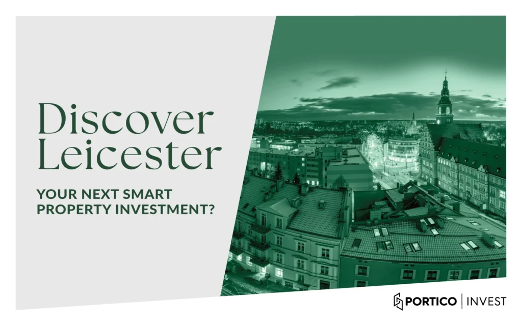 Green textured background with white text reading 'Discover The Castle' and Portico Invest logo, featuring modern typography design